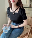 tシャツ 半袖 クロスネックリブトップス レディースの詳細画像3