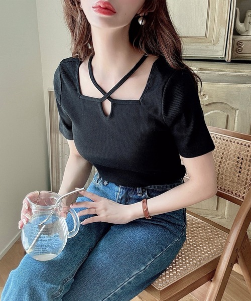 Meiru tシャツ クロスネックリブトップス レディース : ZOZOTOWN Yahoo