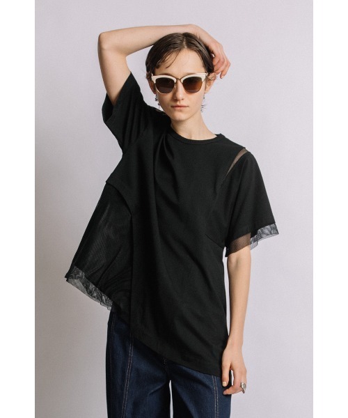 【新品・未使用】AULAAILA クロップドレースコンビネーションTシャツ AULA AILA tシャツ メッシュコンビネーションアシンメトリーT