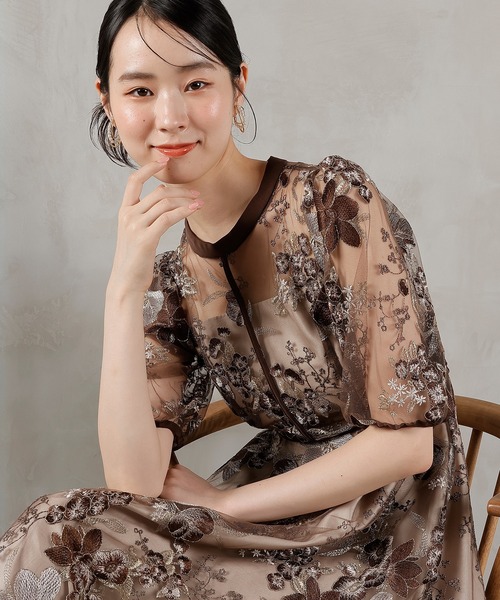  　ドレス　ワンピース　オケージョン　花柄　ストレッチ 結婚式・パーティー・オケージョンドレス】チュール使い花柄