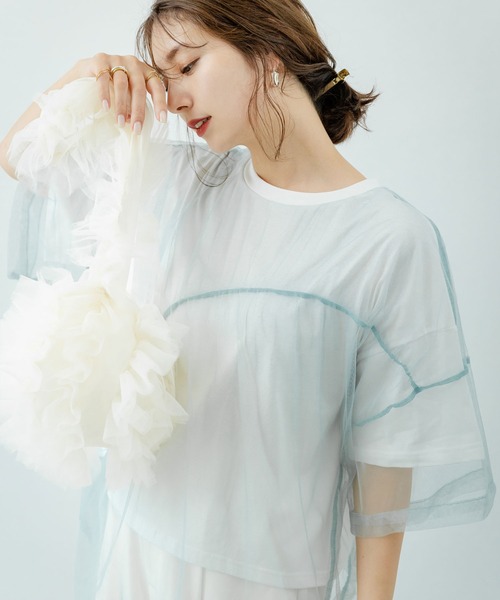 tシャツ チュールレイヤード5分袖カットソープルオーバー レディース Green Parks tシャツ BEST PRICE チュールレイヤードプル