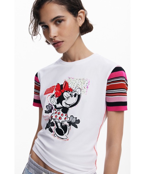 tシャツ ミニーマウス 袖ボーダーTシャツ レディース