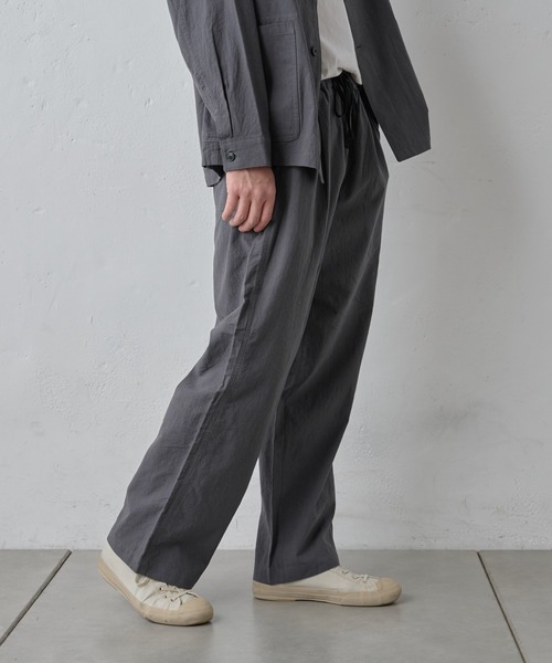 【新品】BURON ネイビー プリーツスラックス　　Mコットンリネン セール】コットンリネン 千鳥柄シャンブレーパンツ グレー