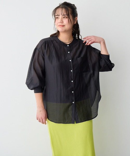 ブラウス シャツ 「anyfee/プラスサイズ」シアーバンドカラーシャツ レディース | anyfee