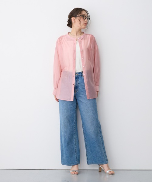 ブラウス シャツ 「anyfee/プラスサイズ」シアーバンドカラーシャツ レディース | anyfee | 05