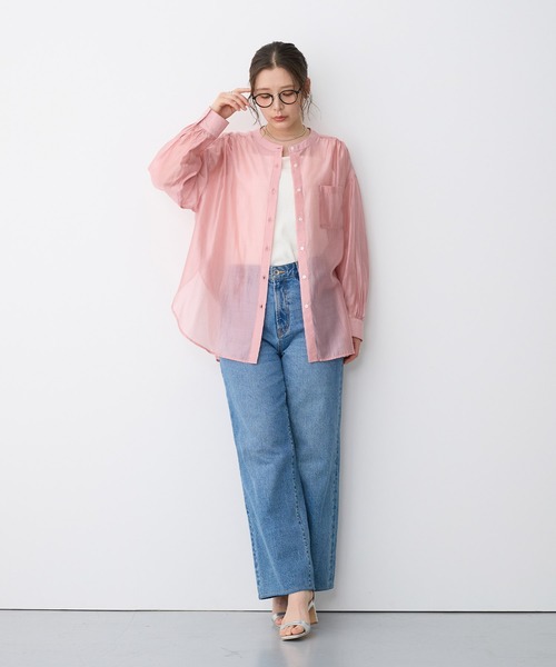 ブラウス シャツ 「anyfee/プラスサイズ」シアーバンドカラーシャツ レディース | anyfee | 06