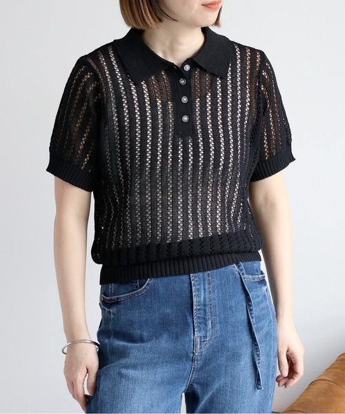 ポロシャツ ポロ 透かし編みポロニット レディース cepo ポロシャツ ポロ 透かし編みメッシュニットポロ レディース