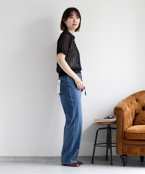 ポロシャツ ポロ 透かし編みポロニット レディース LAUIR ポロシャツ ポロ 透かし編み半袖ニットポロシャツ