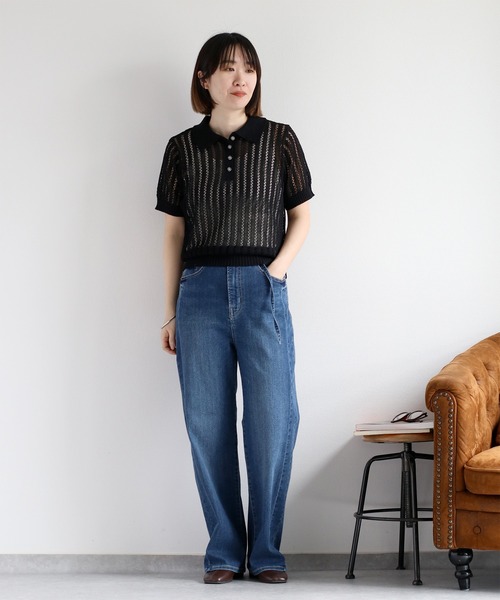 ポロシャツ ポロ 透かし編みポロニット レディース LAUIR ポロシャツ ポロ 透かし編み半袖ニットポロシャツ