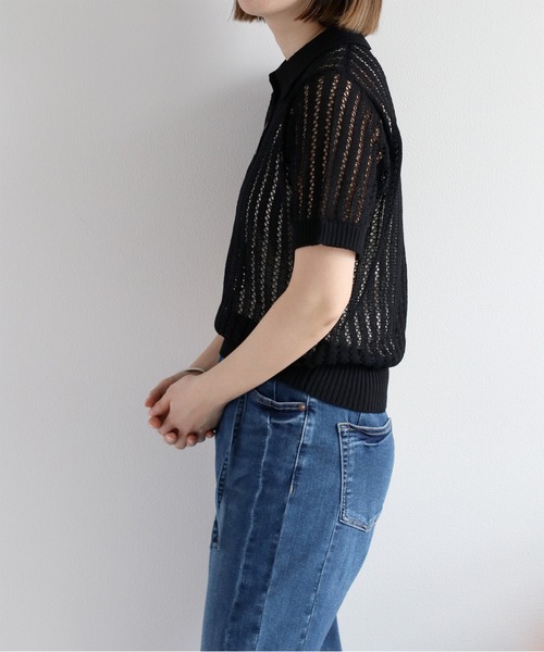ポロシャツ ポロ 透かし編みポロニット レディース LAUIR ポロシャツ ポロ 透かし編み半袖ニットポロシャツ