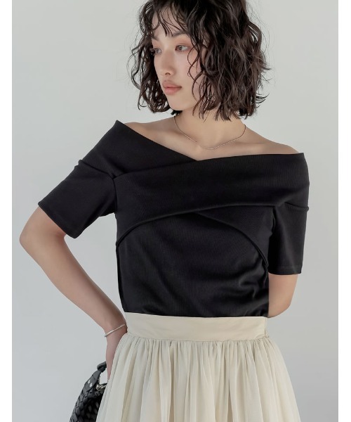 tシャツ オフショルカットソー「RL」 レディース Re:EDIT tシャツ 2WAYリブカットソー五分袖オフショルトップス