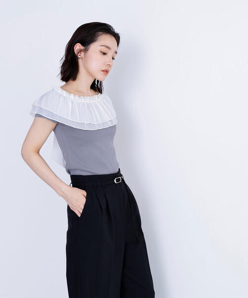 LOUNIE フリル付き半袖ニット ホワイト 新品 アシンメトリー ラッフル付き ニット 半袖