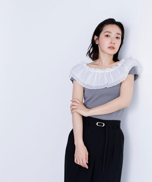期間限定お値下げ　ルネ　半袖　おリボンニット　XS NATURAL BEAUTY BASIC ニット セーター オフショルフリルリボン