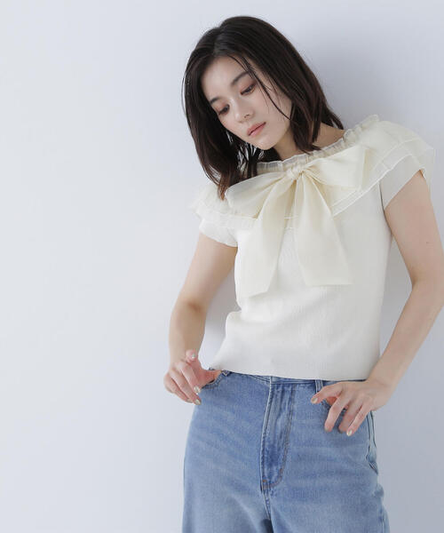 期間限定お値下げ　ルネ　半袖　おリボンニット　XS NATURAL BEAUTY BASIC ニット セーター オフショルフリルリボン