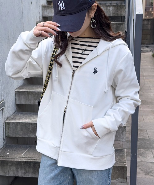 USA ポロ馬刺繍 ホワイトパーカー セール】U.S.POLO ASSN.ワンポイント刺繍ダブルジップショートパーカー