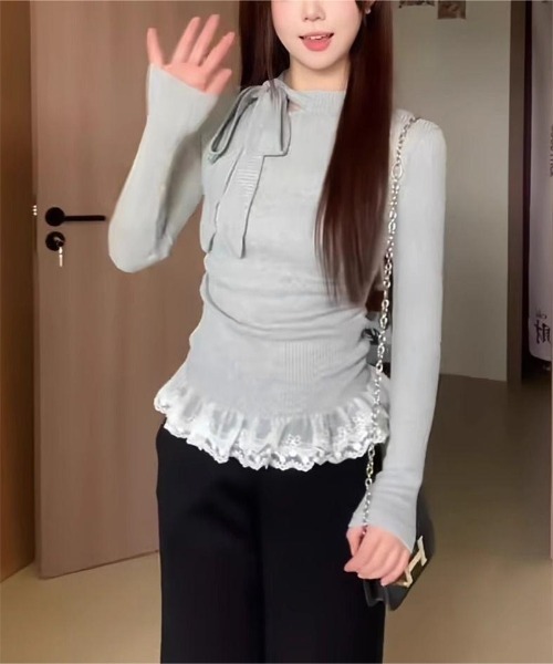 ニット セーター 裾レース付き リボンデザイントップス レディース