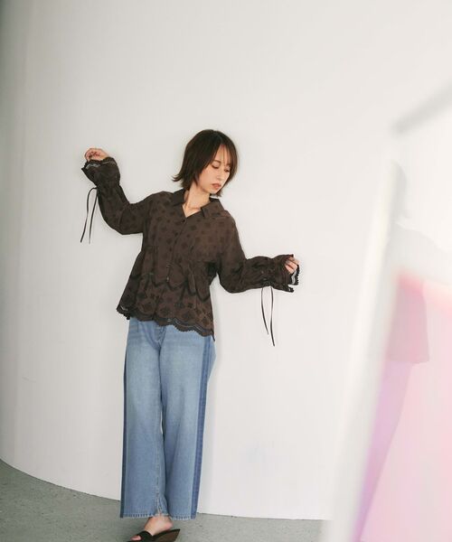 STRATA エストラータ エンブロイダリーリボンスリーブブラウス ブラウン STRATA（エストラータ） tシャツ エンブロイダリーリボンスリーブ