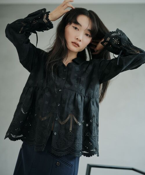 STRATA エストラータ エンブロイダリーリボンスリーブブラウス ブラウン STRATA（エストラータ） tシャツ エンブロイダリーリボンスリーブ