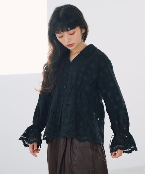 STRATA エストラータ エンブロイダリーリボンスリーブブラウス ブラウン STRATA（エストラータ） tシャツ エンブロイダリーリボンスリーブ