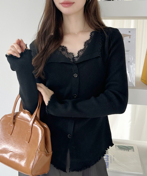 Ada. カーディガン レース レイヤード風 スカラップ カーデ レディース