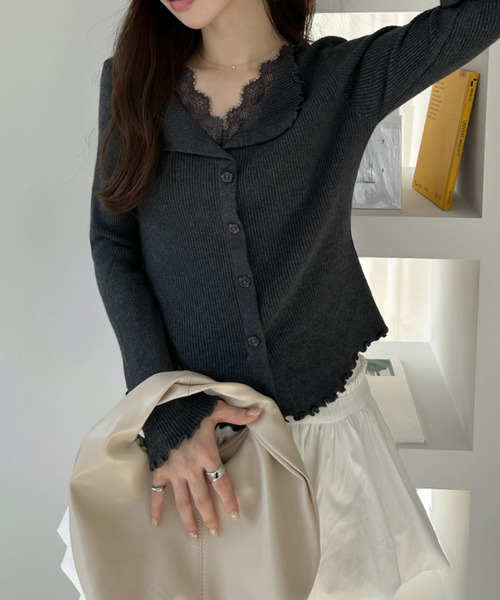 Ada. カーディガン レース レイヤード風 スカラップ カーデ レディース
