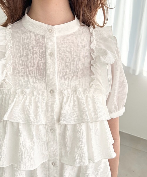 未使用に近い　J&MDAVIDSON リネン　半袖ブラウス　麻　フリル moment+ リネンシャツ ブラウス シャツ 半袖 クレーププリーツ半袖