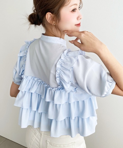 moment+ ブラウス シャツ クレーププリーツ半袖フリルビスチェ風