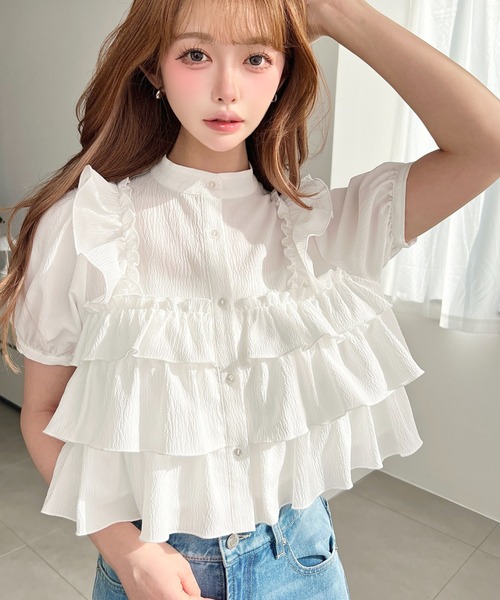 美品✨ネストローブ リネンブラウス フリルネック シャツ 半袖 オフホワイト moment+ リネンシャツ ブラウス シャツ 半袖 クレーププリーツ半袖