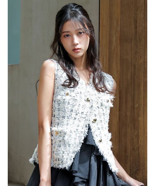 【イエナ】美品 23AW パール ツイード ジレ ベスト 尾州生地 コクーン SNIDEL（スナイデル） ベスト ジレ 「HIGH QUALITY」ファンシー