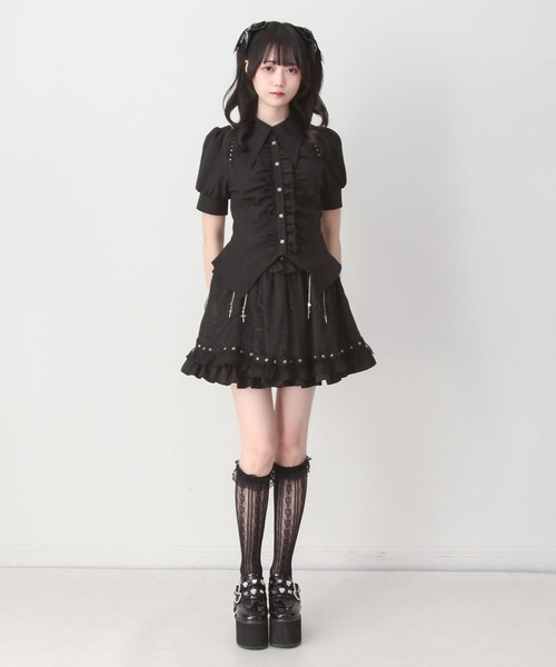 【極美品】コムデギャルソン 襟ラッフルギャザー ブラウス 長袖 黒 2023SS DearMyLove ブラウス シャツ 夏 半袖 ゴシック風角襟フリルレース