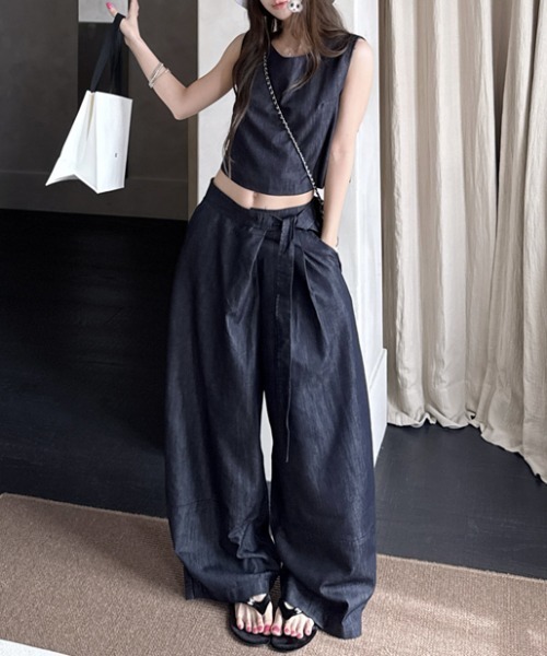 FAVORITO セットアップ デニムノースリーブトップスワイドパンツ