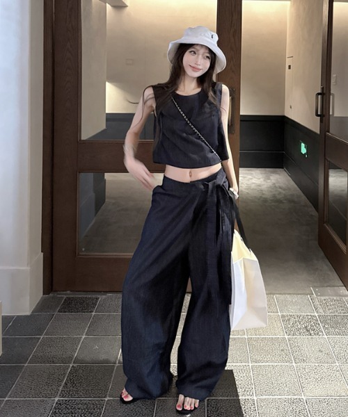FAVORITO セットアップ デニムノースリーブトップスワイドパンツ