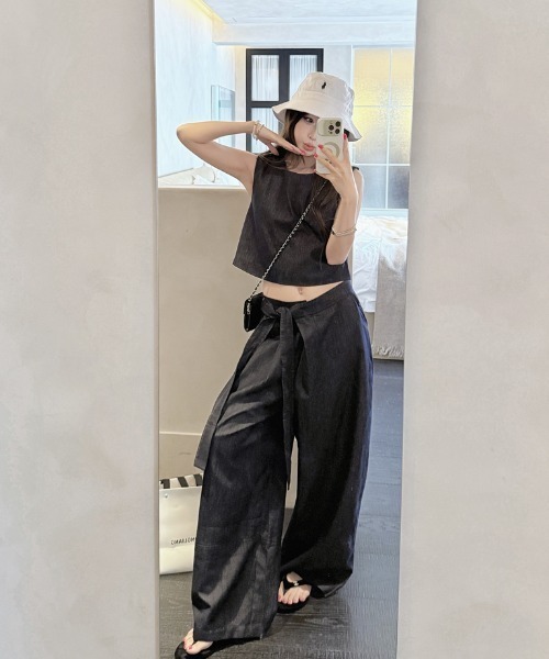FAVORITO セットアップ デニムノースリーブトップスワイドパンツ