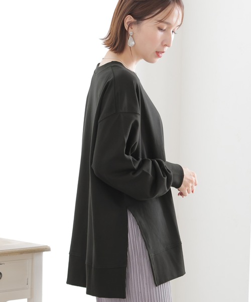 ElegChic トレーナー スウェット ミニ裏毛サイド スリット トレーナー