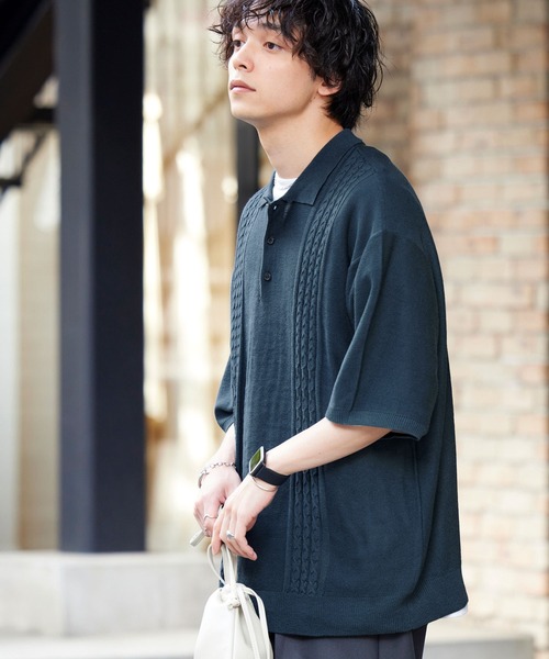 MONO-MART ポロシャツ ケーブルラインビッグニットポロシャツ メンズ