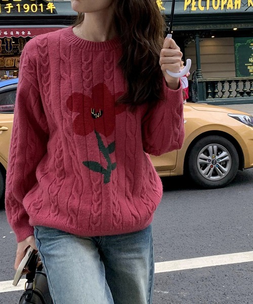 leune（ルネ） ニット セーター フラワーケーブルニットプルオーバー