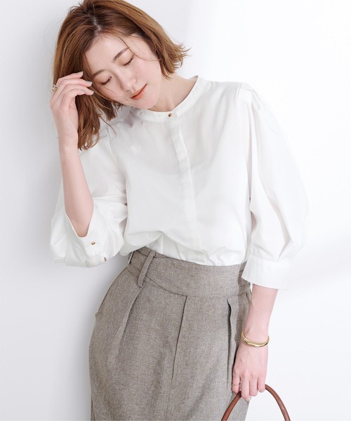 ur's ブラウス シャツ ゴールド釦タックボリュームスリーブブラウス