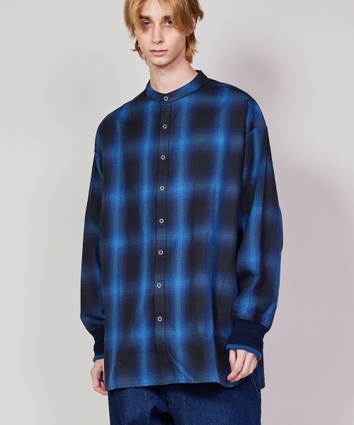 rehacer シャツ rehacer: No- Collar Ombre Check Rib Shirt