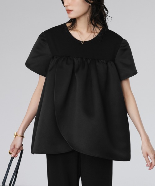 tシャツ 2WAY異素材ドッキングチューリップスリーブトップス「洗える」 レディース