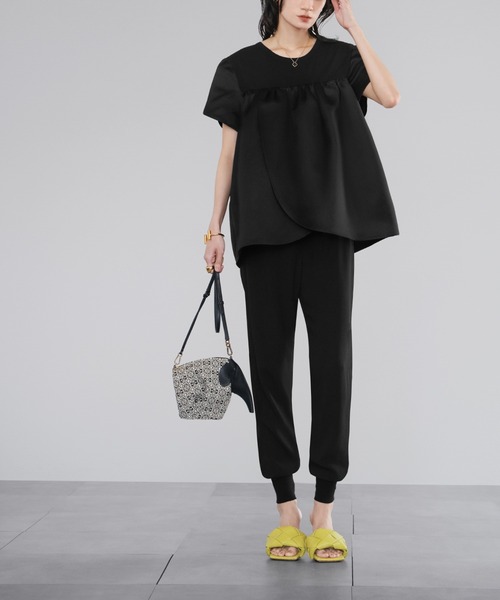 tシャツ 2WAY異素材ドッキングチューリップスリーブトップス「洗える」 レディース ELFRANK tシャツ 2WAY異素材ドッキングチューリップスリーブ