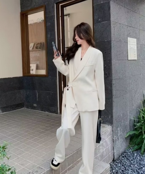 セットアップ ベルトデザインテーラードジャケット+パンツ 2点セット