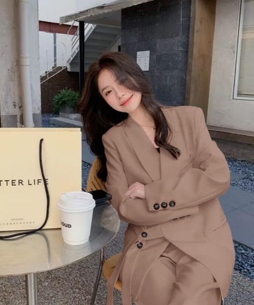 セットアップ ベルトデザインテーラードジャケット+パンツ 2点セット