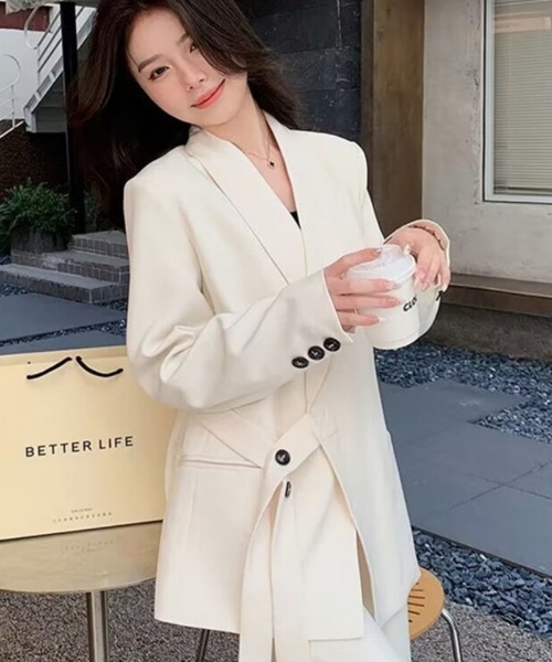 セットアップ ベルトデザインテーラードジャケット+パンツ 2点セット