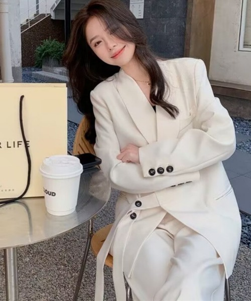 セットアップ ベルトデザインテーラードジャケット+パンツ 2点セット