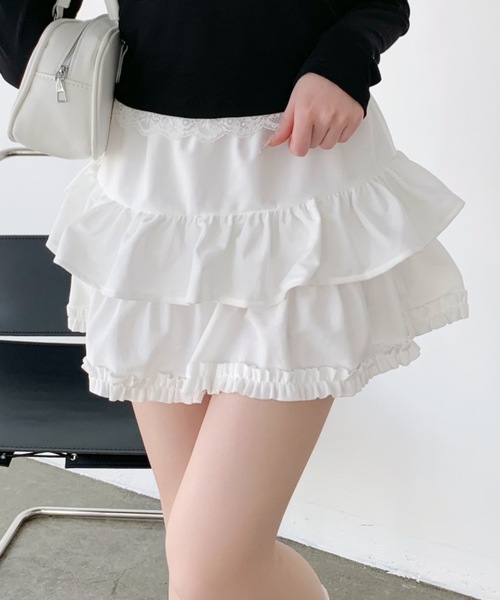 lilful スカート 「インパン付き」ベロアフリルティアードスカート