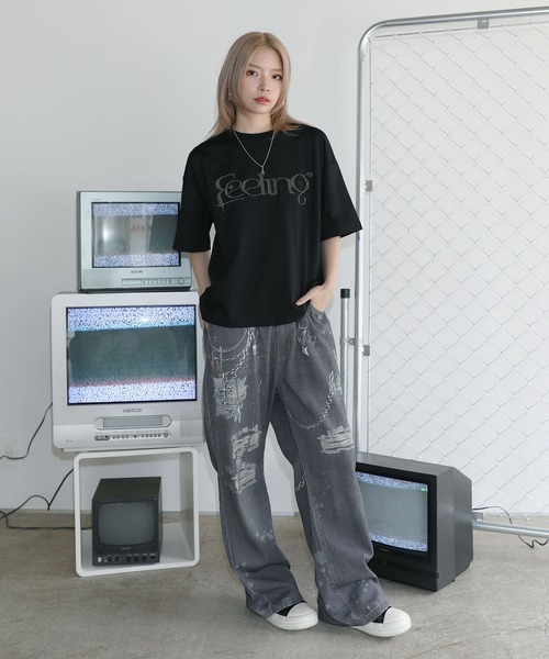 tシャツ ラインストーン短丈半袖Tシャツ「UNISEX」 メンズ レディース