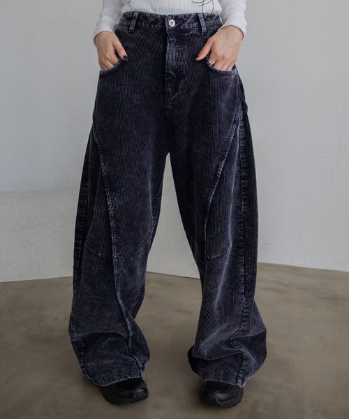 パンツ ウォッシュ加工切替コーデュロイワイドパンツ/セットアップ