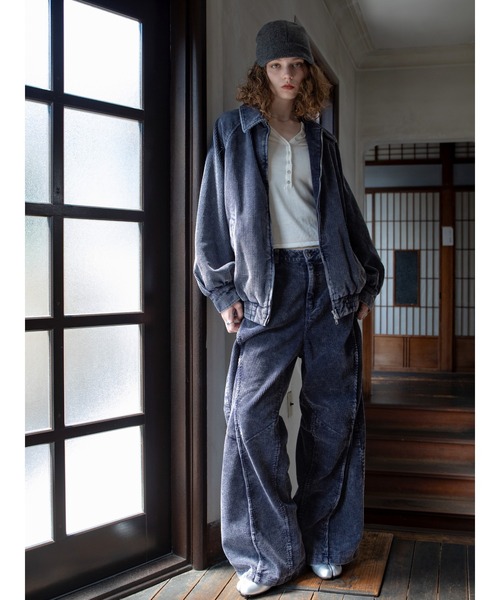 パンツ ウォッシュ加工切替コーデュロイワイドパンツ/セットアップ