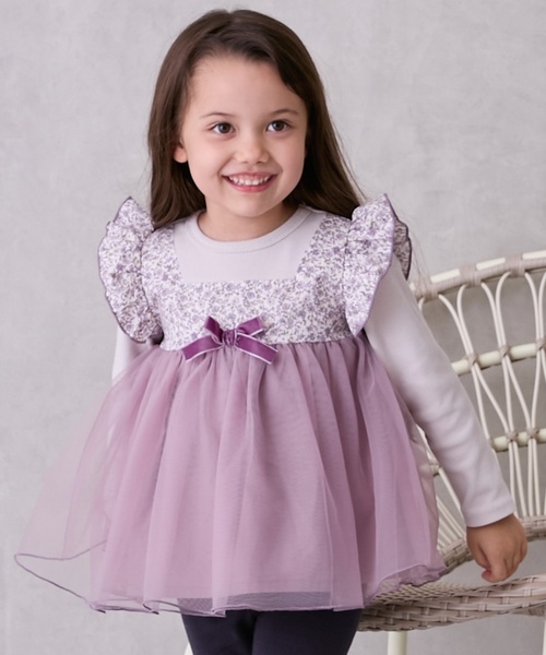 petit main tシャツ お花チュールドッキング長袖T キッズ 子供服 