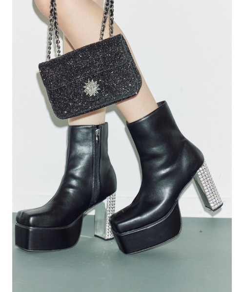 EVRIS（エヴリス） ブーツ グリッターチャンキーヒールショートブーツ